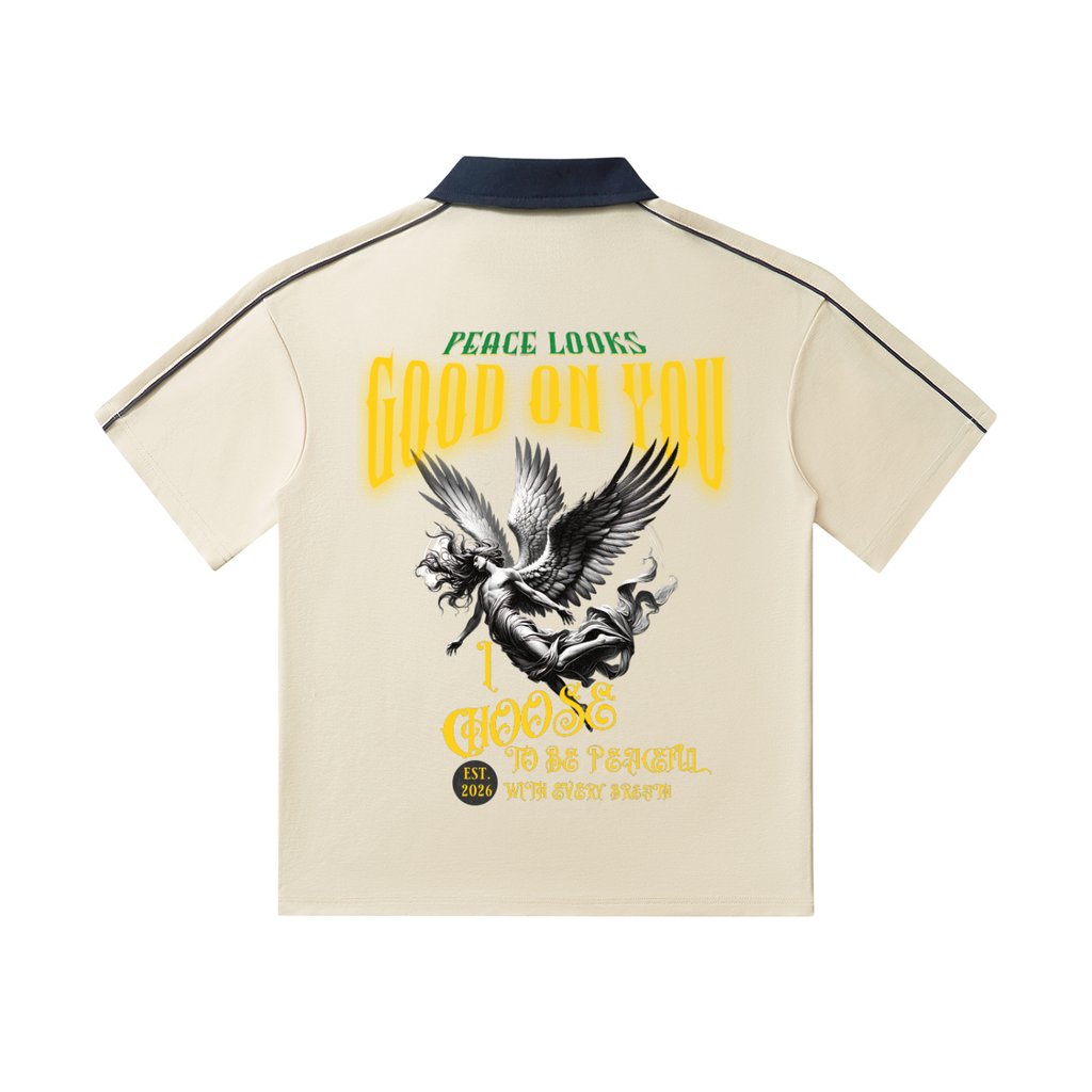 PEACE Contrast Collar Short-Sleeve Polo Shirt