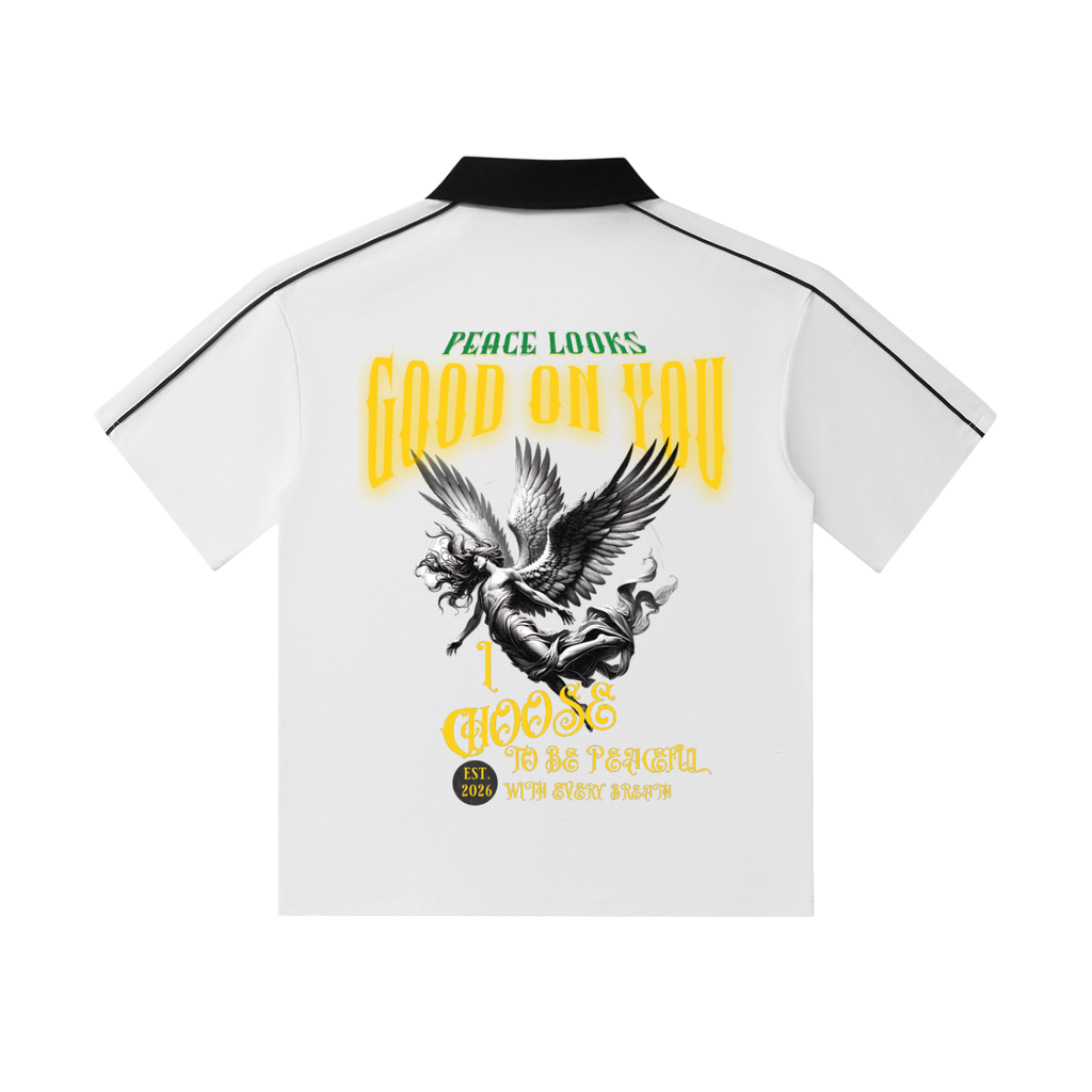 PEACE Contrast Collar Short-Sleeve Polo Shirt